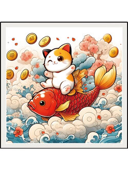 cat-1110 *สินค้าหมด* ชุดปักครอสติช ลายแมวน้อยขี่ปลา (ปักเต็มผืนผ้า ไม่มีเดินเส้น ผ้า11CTพิมพ์ลาย ปัก 3 เส้นเล็ก) ขนาด 50*50 ซม.ผ้าครอสติช 11CTพิมพ์ลายปักบนผ้า ไหมคอตตอน 29 สี ผังลาย เข็ม