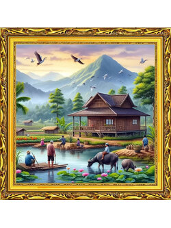 view-1043 *สินค้าหมด* ชุดปักครอสติช ลายวิถีชนบท (ปักเต็มผืนผ้า ไม่มีเดินเส้น ผ้า11CT พิมพ์ลาย ปัก 3 เส้นเล็ก) ขนาด 60*60 ซม.ผ้าครอสติช 11CTพิมพ์ลายปักบนผ้า ไหมคอตตอน 60 สี ผังลาย เข็ม