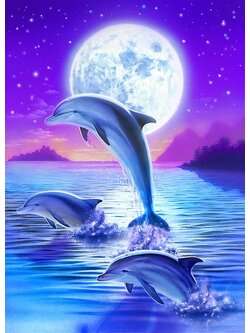 pla-2028 *พร้อมส่ง* ชุดภาพติดคริสตัลกลม ลายโลมาใต้เงาจันทร์ (งานติดเต็มภาพ) ขนาด 40*50 ซม.ผ้าแคนวาสลงผังลายเต็ม คริสตัลกลม 25 สี อุปกรณ์ครบชุด