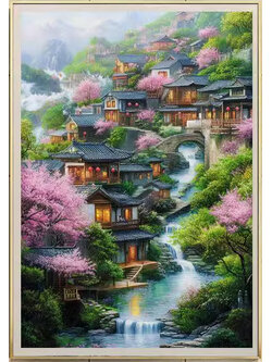 home-1158 *สินค้าหมด* ชุดปักครอสติช ลายหมู่บ้านในฤดูใบไม้ผลิ spring (ปักเต็มผืนผ้า ไม่มีเดินเส้น ผ้า11CT พิมพ์ลาย ปัก 3 เส้นเล็ก) ขนาด 50*70 ซม.ผ้าครอสติช 11CTพิมพ์ลายปักบนผ้า ไหมคอตตอน 59 สี ผังลาย เข็ม