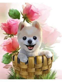 dog-2001 *พร้อมส่ง* ชุดภาพติดคริสตัลกลม ลายน้องหมาในตะกร้า ( งานติดเต็มภาพ ) ขนาด 35*45 ซม.ผ้าแคนวาสลงผังลายเต็ม คริสตัลกลม 37 สี อุปกรณ์ครบชุด