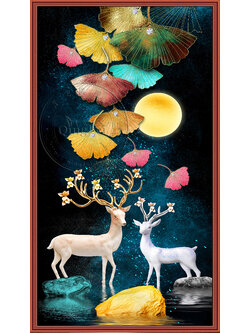 deer-1021 *สินค้าหมด* ชุดปักครอสติช ลายกวางคู่ใต้เงาจันทร์ (ปักเต็มผืนผ้า ไม่มีเดินเส้น ปักครั้งละ 3 เส้นเล็ก) ขนาด 50*90 ซม.ผ้าครอสติช 11CTพิมพ์ลายปักบนผ้า ไหมคอตตอน 49 สี ผังลาย เข็ม