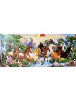 maa-1124 *สินค้าหมด* ชุดปักครอสติช ลาย 9 อาชา (ปักเต็มผืนผ้า ไม่มีเดินเส้น ผ้า11CTพิมพ์ลาย ปัก 3 เส้นเล็ก) ขนาด 100*55 ซม.ผ้าครอสติช 11CTพิมพ์ลายปักบนผ้า ไหมคอตตอน 66 สี ผังลาย เข็ม