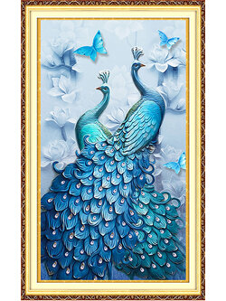 peacock-1064 *สินค้าหมด* ชุดปักครอสติช ลายคู่นกยูงฟ้า (งานปักเต็มลาย ไม่มีเดินเส้น) ขนาด 60*99 ซม.ผ้าครอสติช 11CTพิมพ์ลายปักบนผ้า ไหมคอตตอน 58 สี ผังลาย เข็ม