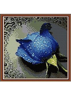 rose-1112 *พร้อมส่ง* ชุดปักครอสติช ลายกุหลาบน้ำเงิน (งานปักเต็มลาย ไม่มีเดินเส้น) ขนาด 30*31 ซม.ผ้าครอสติช 11CTพิมพ์ลายปักเต็มลายผ้า ไหมคอตตอน 20 สี เข็ม ( ไม่มีผังลาย )