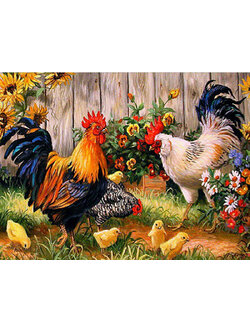 kai-2004 *สินค้าหมด* ชุดภาพติดคริสตัลกลม ลายครอบครัวไก่ (งานติดเต็มภาพ) ขนาด 50*40 ซม.ผ้าแคนวาสลงผังลายเต็ม คริสตัลกลม 35 สี อุปกรณ์ครบชุด