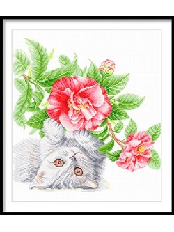 cat-1029 *พร้อมส่ง* ชุดปักครอสติช ลายแมวน้อยกับช่อโบตั๋น (ผ้า11CTพิมพ์ลาย ปัก 3 เส้นเล็ก) ขนาด 49*49 ซม.ผ้าครอสติช 11CTพิมพ์ลายปักบนผ้า ไหมคอตตอน 32 สี ผังลาย เข็ม