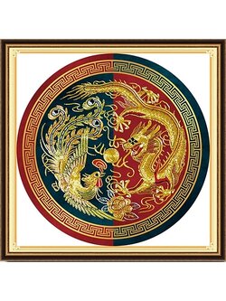 dragon-1107 *สินค้าหมด* ชุดปักครอสติช ลายหงส์คู่มังกร (ปักเต็มผืนผ้า ไม่มีเดินเส้น ผ้า11CT พิมพ์ลาย ปัก 3 เส้นเล็ก) ขนาด 52*52 ซม. ผ้าครอสติช 11CTพิมพ์ลายปักบนผืนผ้า+ไหมคอตตอน 10 สี+ผังลาย+เข็ม