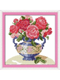 botan-1037 *พร้อมส่ง* ชุดปักครอสติช ลายแจกันดอกโบตั๋น (ผ้า11CTพิมพ์ลาย ปัก 3 เส้นเล็ก) ขนาด 28*27 ซม.ผ้าครอสติช 11CTพิมพ์ลายปักบนผ้า ไหมคอตตอน 18 สี ผังลาย เข็ม