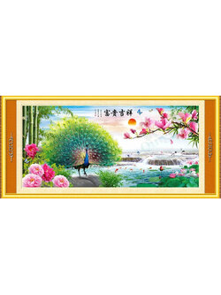 peacock-1085 *สินค้าหมด* ชุดปักครอสติช ลายนกยูงรำแพนในป่าใหญ่ (งานปักเต็มลาย ไหมเงา) ขนาดใหญ่ 151*77 ซม.ผ้าครอสติช 11CTพิมพ์ลายปักบนผ้า ไหมเงา Silk 62 สี ผังลาย เข็ม