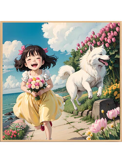 girl-1027 *พร้อมส่ง* ชุดปักครอสติช ลายสาวน้อยกับน้องหมา (ปักเต็มผืนผ้า ไม่มีเดินเส้น ผ้า11CT พิมพ์ลาย ปัก 3 เส้นเล็ก) ขนาด 50*50 ซม.ผ้าครอสติช 11CTพิมพ์ลายปักบนผ้า ไหมคอตตอน 40 สี ผังลาย เข็ม