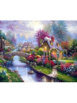 home-2002 *พร้อมส่ง* ชุดภาพติดคริสตัลกลม ลายกระท่อมน้อยในสวนสวย (งานติดเต็มภาพ) ขนาด 50*35 ซม.ผ้าแคนวาสลงผังลายเต็ม คริสตัลกลม 40 สี อุปกรณ์ครบชุด