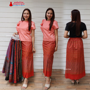 15E-01 กระโปรงหางปลาจีบทวิตคํู กระโปรงผ้าไทย ผ้าฝ้ายลพบุรีพิมพ์ลาย สีไม่ตก ขนาดเอว 28-48 เอวสม็อคหลัง