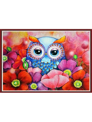 owl-2005 *พร้อมส่ง* ชุดภาพติดคริสตัลกลม ลายนกฮูกน้อยกับดอกไม้ (งานติดเต็มภาพ) ขนาด 50*36 ซม.ผ้าแคนวาสลงผังลายเต็ม คริสตัลกลม 34 สี อุปกรณ์ครบชุด