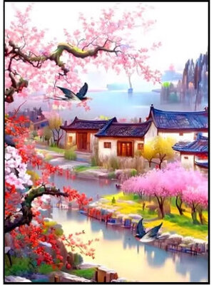 home-1127 *สินค้าหมด* ชุดปักครอสติช ลายหมู่บ้านซากุระ (ปักเต็มผืนผ้า ไม่มีเดินเส้น ผ้ามีประกาย ปักครั้งละ 3 เส้นเล็ก) ขนาด 50*65 ซม.ผ้าครอสติช 11CTพิมพ์ลายปักบนผ้า ไหมคอตตอน 42 สี ผังลาย เข็ม