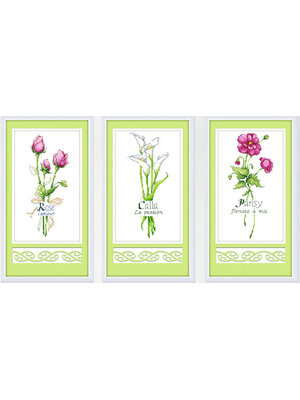 bloom-1110 *สินค้าหมด* ชุดปักครอสติช ลายเซต 3 ชิ้น ช่อดอกไม้ (ปักครั้งละ 3 เส้นเล็ก) ขนาดภาพละ 20*36 ซม.ผ้าครอสติช 11CTพิมพ์ลายปักบนผ้า ไหมคอตตอน 37 สี ผังลาย เข็ม