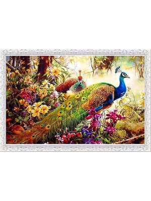 peacock-2141 *พร้อมส่ง* ชุดภาพติดคริสตัลกลม ลายนกยูงคู่ในป่าใหญ่ (งานติดเต็มภาพ) ขนาด 50*40 ซม.ผ้าแคนวาสลงผังลายเต็ม เม็ดคริสตัลกลม 37 สี อุปกรณ์ในการติดคริสตัลครบชุด