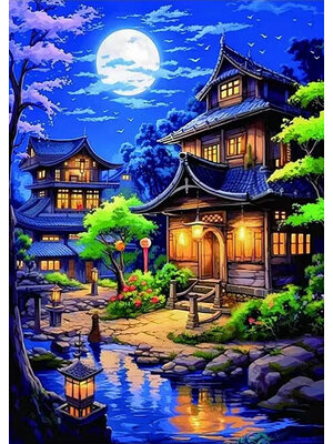 home-1004 *พร้อมส่ง* ชุดปักครอสติช ลายบ้านสวยใต้เงาจันทร์ (ปักเต็มผืนผ้า ไม่มีเดินเส้น ผ้า11CTพิมพ์ลาย ปัก 3 เส้นเล็ก) ขนาด 50*67 ซม.ผ้าครอสติช 11CTพิมพ์ลายปักบนผ้า ไหมคอตตอน 44 สี ผังลาย เข็ม