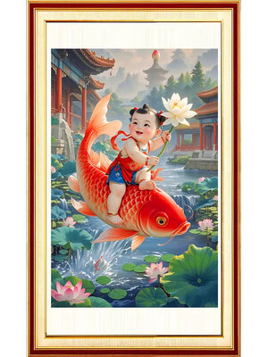 boy-1008 *พร้อมส่ง* ชุดปักครอสติช ลายเด็กน้อยขี่ปลา (ปักเต็มผืนผ้า ไม่มีเดินเส้น ผ้า11CTพิมพ์ลาย ปัก 3 เส้นเล็ก) ขนาด 50*70 ซม.ผ้าครอสติช 11CT พิมพ์ลายปักบนผ้า ไหมคอตตอน 46 สี ผังลาย เข็ม