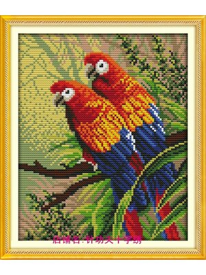 parrot-1001 *พร้อมส่ง* ชุดปักครอสติช ลายคู่นกแก้ว (ปักเต็มผืนผ้า ไม่มีเดินเส้น ผ้า11CTพิมพ์ลาย ปัก 3 เส้นเล็ก) ขนาด 27*35 ซม.ผ้าครอสติช 11CTพิมพ์ลายปักเต็มลายผ้า+ไหมคอตตอน 18 สี+ผังลาย+เข็ม