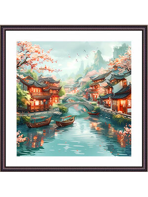 view-1047 *พร้อมส่ง* ชุดปักครอสติช ลาย สองฝั่งคลอง (ปักเต็มผืนผ้า ไม่มีเดินเส้น ผ้า11CT พิมพ์ลาย ปัก 3 เส้นเล็ก) ขนาด 60*60 ซม.ผ้าครอสติช 11CTพิมพ์ลายปักบนผ้า ไหมคอตตอน 56 สี ผังลาย เข็ม