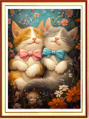 cat-1101 *สินค้าหมด* ชุดปักครอสติช ลายคู่แมวน้อย (ปักเต็มผืนผ้า ไม่มีเดินเส้น ผ้า11CT พิมพ์ลาย ปัก 3 เส้นเล็ก) ขนาด 50*65 ซม. ผ้าครอสติช11CTพิมพ์ลายปักบนผ้า ไหมคอตตอน 33 สี ผังลาย เข็ม