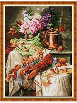 food-1001 *พร้อมส่ง* ชุดปักครอสติช ลายชุดอาหาร ล็อปสเตอร์ (ปักเต็มผืนผ้า ไม่มีเดินเส้น ผ้าตาเล็ก ปักครั้งละ 2 เส้นเล็ก) ขนาด 44*57 ซม.ผ้าครอสติช 14CTพิมพ์ลายปักบนผ้า ไหมคอตตอน 35 สี ผังลาย เข็ม
