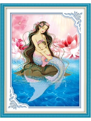 lady-2021 *พร้อมส่ง* ชุดภาพติดคริสตัลกลม ลายคุณแม่นางเงือก (งานติดเต็มภาพ) ขนาด 45*60 ซม. คริสตัลกลม 37 สี อุปกรณ์ครบชุด
