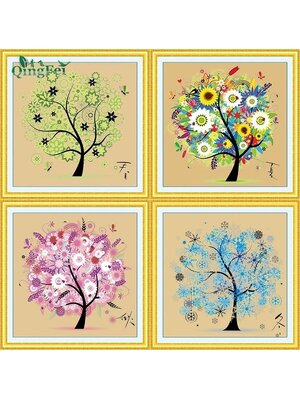 tree-1016 *สินค้าหมด* ชุดปักครอสติช ลายเซต 4 ชิ้น ต้นไม้ 4 ฤดู ( ผ้าสีน้ำตาลอ่อน ) ขนาดภาพละ 49*49 ซม.ผ้าครอสติช 11CTพิมพ์ลายปักบนผ้า ไหมคอตตอน 64 สี ผังลาย เข็ม