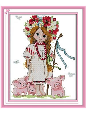 girl-1035 *พร้อมส่ง* ชุดปักครอสติช ลายสาวน้อยกับลูกหมู (ผ้า11CTพิมพ์ลาย ปัก 3 เส้นเล็ก) ขนาด 33*39 ซม.ผ้าครอสติช 11CTพิมพ์ลายปักบนผ้า ไหมคอตตอน 33 สี ผังลาย เข็ม