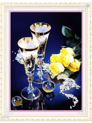 rose-2015 *พร้อมส่ง* ชุดภาพติดคริสตัลกลม ลายช่อกุหลาบเหลืองคู่แก้วแชมเปญ ( งานติดเต็มภาพ ) ขนาด 45*60 ซม.คริสตัลกลม 30 สี อุปกรณ์ครบชุด