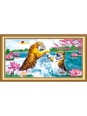 tiger-1110 *สินค้าหมด* ชุดปักครอสติช ลาย 2 พยัคฆ์ (ไม่มีเดินเส้น ปักครั้งละ 3 เส้นเล็ก) ขนาด 98*53 ซม.ผ้าครอสติช 11CTพิมพ์ลายปักบนผ้า ไหมคอตตอน 33 สี ผังลาย เข็ม