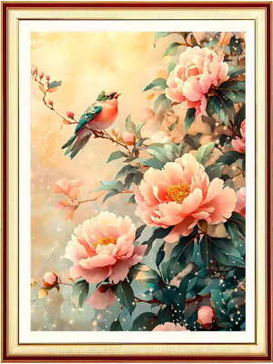 botan-1102 *สินค้าหมด* ชุดปักครอสติช ลายนกน้อยกับโบตั๋น (ปักเต็มผืนผ้า ไม่มีเดินเส้น ผ้า11CTพิมพ์ลาย ปัก 3 เส้นเล็ก) ขนาด 50*65 ซม.ผ้าครอสติช 11CTพิมพ์ลายปักบนผ้า ไหมคอตตอน 47 สี ผังลาย เข็ม