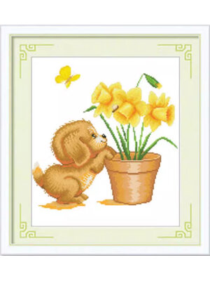 dog-1007 *พร้อมส่ง* ชุดปักครอสติช ลายน้องหมากับเดฟโฟดิล (ผ้าสีขาว ไม่มีเดินเส้น ปักครั้งละ 3 เส้นเล็ก) ขนาด 37*45 ซม. ผ้าครอสติช 11CTพิมพ์ลายปักบนผ้า ไหมคอตตอน 17 สี ผังลาย เข็ม