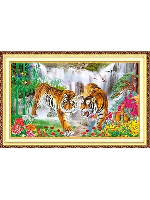 tiger-1017 *สินค้าหมด* ชุดปักครอสติช ลาย 2 พยัคฆ์ (ปักเต็มผืนผ้า ปักครั้งละ 3 เส้นเล็ก) ขนาด 90*60 ซม.ผ้าครอสติช 11CTพิมพ์ลายปักเต็มลายผ้า ไหมคอตตอน 65 สี ผังลาย เข็ม