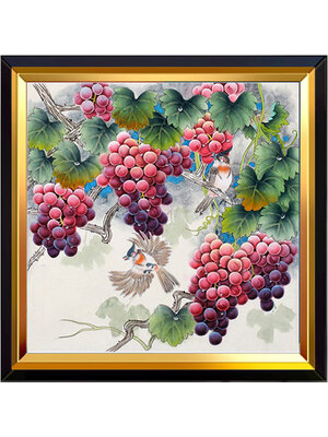 grape-2001 *พร้อมส่ง* ชุดภาพติดคริสตัลกลม ลายนกน้อยกับช่อองุ่น (งานติดเต็มภาพ) ขนาด 40*40 ซม.ผ้าแคนวาส ลงกาวติดเต็มลาย+คริสตัลกลม 35 สี+อุปกรณ์ครบชุด