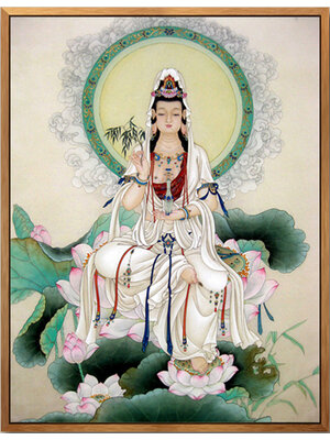 tep-1104 *สินค้าหมด* ชุดปักครอสติช ลายพระโพธิสัตว์กวนอิม (ปักเต็มผืนผ้า ไม่มีเดินเส้น ปักครั้งละ 3 เส้นเล็ก) ขนาด 76*96 ซม.ผ้าครอสติช 11CTพิมพ์ลายปักบนผ้า ไหมคอตตอน 56 สี ผังลาย เข็ม