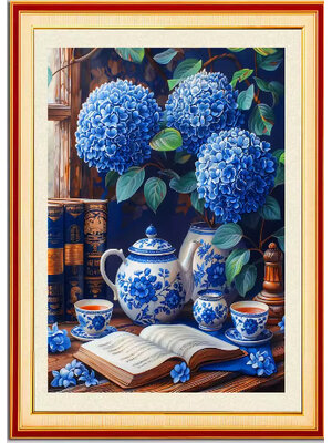 tea-1011 *สินค้าหมด* ชุดปักครอสติช ลายชุดน้ำชาไฮเดรนเยีย (ปักเต็มผืนผ้า ไม่มีเดินเส้น ผ้า11CTพิมพ์ลาย ปัก 3 เส้นเล็ก) ขนาด 50*68 ซม.ผ้าครอสติช 11CTพิมพ์ลายปักบนผ้า ไหมคอตตอน 65 สี ผังลาย เข็ม