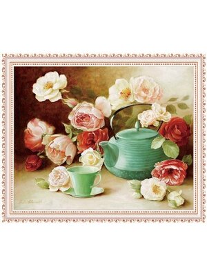 tea-1001 *พร้อมส่ง* ชุดปักครอสติช ลายชุดน้ำชา (ปักเต็มผืนผ้า ไม่มีเดินเส้น ปักครั้งละ 3 เส้นเล็ก) ขนาด 80*65 ซม.ผ้าครอสติช 11CTพิมพ์ลายปักบนผ้า+ไหมคอตตอน 52 สี+ผังลาย+เข็ม