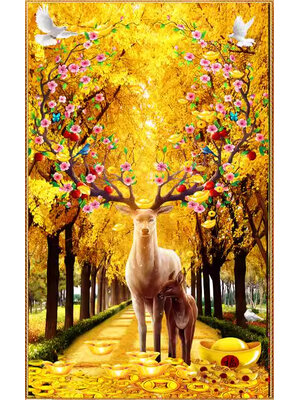 deer-1018 *พร้อมส่ง* ชุดปักครอสติช ลายกวางคู่ทองคำ (ปักเต็มผืน ไม่มีเดินเส้น ปักครั้งละ 3 เส้นเล็ก) ขนาด 50*80 ซม.ผ้าครอสติช 11CTพิมพ์ลายปักบนผ้า ไหมคอตตอน 39 สี ผังลาย เข็ม