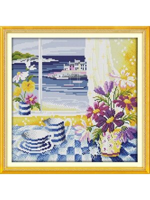 view-1021 *พร้อมส่ง* ชุดปักครอสติช ลายวิวทะเลนอกหน้าต่าง (ปักเต็มผืนผ้า ไม่มีเดินเส้น ผ้า11CTพิมพ์ลาย ปัก 3 เส้นเล็ก) ขนาด 42*42 ซม.ผ้าครอสติช 11CTพิมพ์ลายปักบนผ้า ไหมคอตตอน 25 สี ผังลาย เข็ม