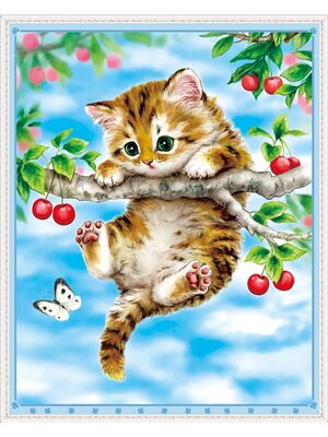 cat-1015 *พร้อมส่ง* ชุดปักครอสติช ลายแมวน้อยเกาะต้นเชอรี่ (ปักเต็มผืนผ้า ไม่มีเดินเส้น ผ้า11CTพิมพ์ลาย ปัก 3 เส้นเล็ก) ขนาด 40*50 ซม.ผ้าครอสติช 11CTพิมพ์ลายปักบนผ้า ไหมคอตตอน 25 สี ผังลาย เข็ม