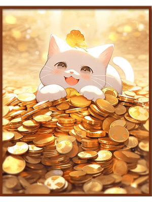 cat-1140 *สินค้าหมด* ชุดปักครอสติช ลายแมวน้อยเหรียญทอง (ปักเต็มผืนผ้า ไม่มีเดินเส้น ผ้า11CTพิมพ์ลาย ปัก 3 เส้นเล็ก) ขนาด 43*51 ซม.ผ้าครอสติช 11CTพิมพ์ลายปักบนผ้า ไหมคอตตอน 38 สี ผังลาย เข็ม