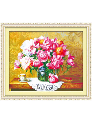 botan-1022 *พร้อมส่ง* ชุดปักครอสติช ลายแจกันดอกโบตั๋น (ปักเต็มผืนผ้า ไม่มีเดินเส้น ผ้า11CTพิมพ์ลาย ปัก 3 เส้นเล็ก) ขนาด 92*77 ซม.ผ้าครอสติช 11CTพิมพ์ลายปักเต็มลายผ้า ไหมคอตตอน 51 สี ผังลาย เข็ม