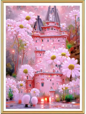 home-1014 *พร้อมส่ง* ชุดปักครอสติช ลายปราสาทดอกเดซี่ (ปักเต็มผืนผ้า ไม่มีเดินเส้น ผ้า9CTพิมพ์ลาย ปัก 4 เส้นเล็ก) ขนาด 65*80 ซม.ผ้าครอสติช 9CTพิมพ์ลายปักบนผ้า ไหมคอตตอน 46 สี ผังลาย เข็ม