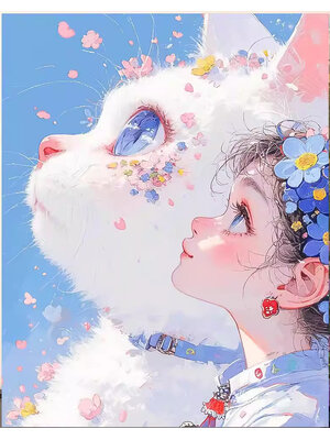 cat-1134 *สินค้าหมด* ชุดปักครอสติช ลาย น้องแมวกับสาวน้อย (ปักเต็มผืนผ้า ไม่มีเดินเส้น ผ้า11CTพิมพ์ลาย ปัก 3 เส้นเล็ก) ขนาด 50*65 ซม. ผ้าครอสติช 11CTพิมพ์ลายปักบนผ้า ไหมคอตตอน 34 สี ผังลาย เข็ม