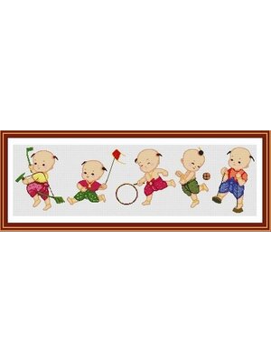 boy-1009 *พร้อมส่ง* ชุดปักครอสติช ลายการละเล่นของเด็กไทย (ไม่มีเดินเส้น ผ้า11CT พิมพ์ลาย ปัก 3 เส้นเล็ก) ขนาด 100*35 ซม.ผ้าครอสติช 11CTพิมพ์ลายปักบนผ้า+ไหมคอตตอน 30 สี+ผังลาย+เข็ม