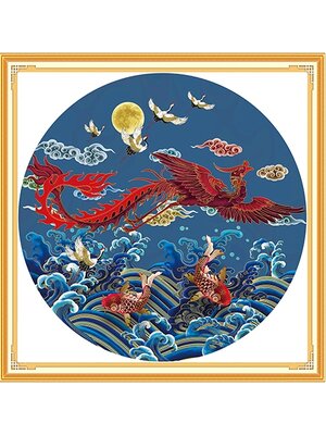 phoenix-1009 *สินค้าหมด* ชุดปักครอสติช ลายหงส์ฟินิกซ์กับฝูงปลาและนกกระเรียน (ปักเต็มผืนผ้า ไม่มีเดินเส้น ผ้า11CTพิมพ์ลาย ปัก 3 เส้นเล็ก) ขนาด 50*50 ซม.ผ้าครอสติช 11CTพิมพ์ลายปักบนผ้า ไหมคอตตอน 28 สี ผังลาย เข็ม