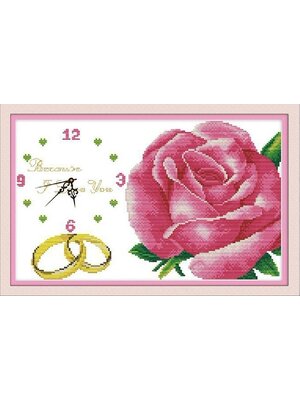 clock-1001 *สินค้าหมด* ชุดปักครอสติช ลายนาฬิกากุหลาบแหวนคู่ ขนาด 49*33 ซม.ผ้าครอสติช 11CTพิมพ์ลายปักบนผ้า ไหมคอตตอน 18 สี ผังลาย เข็ม