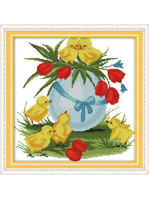 kai-1007 *พร้อมส่ง* ชุดปักครอสติช ลายไก่กับไข่ (ไม่มีเดินเส้น ผ้า11CTพิมพ์ลาย ปัก 3 เส้นเล็ก) ขนาด 43*44 ซม.ผ้าครอสติช 11CTพิมพ์ลายปักบนผ้า+ไหมคอตตอน 24 สี+ผังลาย+เข็ม